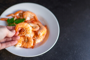 shrimp boiled seafood crustacean prawn ready to eat on the table for healthy meal snack outdoor top view copy space for text food background rustic image keto or paleo diet pescetarian