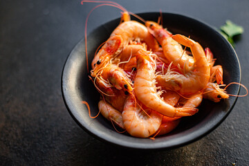 shrimp boiled seafood crustacean prawn ready to eat on the table for healthy meal snack outdoor top view copy space for text food background rustic image keto or paleo diet pescetarian