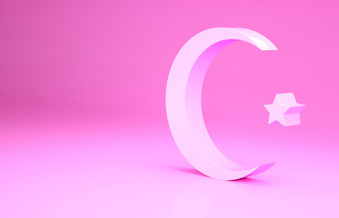 Pink Star and crescent - symbol of Islam icon isolated on pink background. Religion symbol. Minimalism concept. 3d illustration 3D render.