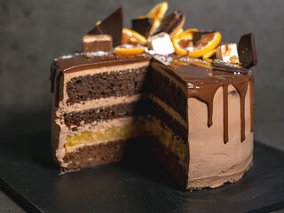beautiful chocolate cake with oranges, poured with chocolate icing with drips on a dark gray background