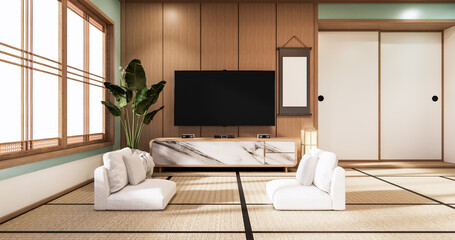 Tv on wall in mint room modern tropical style - empty room interior - minimal design. 3d rendering