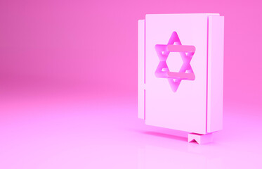 Pink Jewish torah book icon isolated on pink background. Pentateuch of Moses. On the cover of the Bible is the image of the Star of David. Minimalism concept. 3d illustration 3D render.