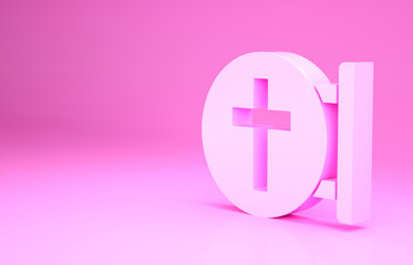 Pink Christian cross icon isolated on pink background. Church cross. Minimalism concept. 3d illustration 3D render.