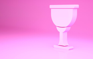 Pink Holy grail or chalice icon isolated on pink background. Christian chalice. Christianity icon. Minimalism concept. 3d illustration 3D render.