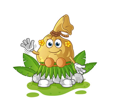 recommend clip art: money bag hawaiian waving character. cartoon mascot vector