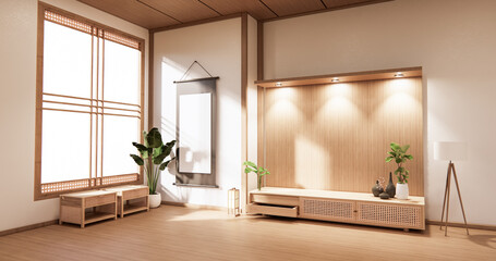  wooden cabinet in modern empty room and white wall on white floor room japanese style. 3d rendering