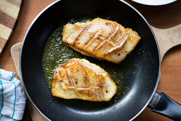 Fried meat in a pan. View from above.