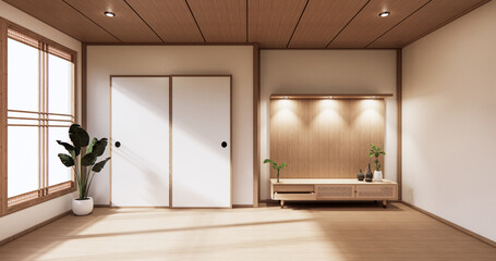  wooden cabinet in modern empty room and white wall on white floor room japanese style. 3d rendering