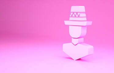 Pink Mexican man wearing sombrero icon isolated on pink background. Hispanic man with a mustache. Minimalism concept. 3d illustration 3D render.
