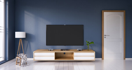 TV cabinet display with white room white flooring minimalist Japanese living room. 3d rendering