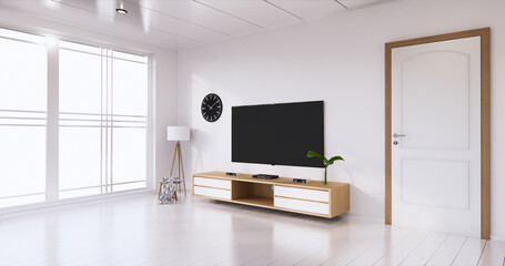 TV cabinet display with white room white flooring minimalist Japanese living room. 3d rendering