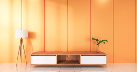 Orange room white flooring minimalist Japanese living room. 3d rendering