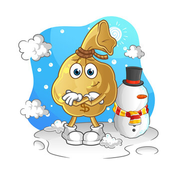 money bag in cold winter character. cartoon mascot vector