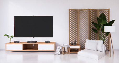 White room white flooring minimalist Japanese living room. 3d rendering