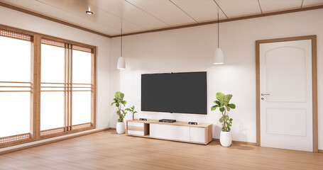 TV cabinet display with modern room white flooring minimalist. 3d rendering