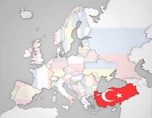 3D Europakarte auf der die Türkei hervorgehoben wird und die restlichen Flaggen transparent sind