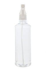 Transparent white plastic botle of antibacterial sanitizer fluid. Selective focus