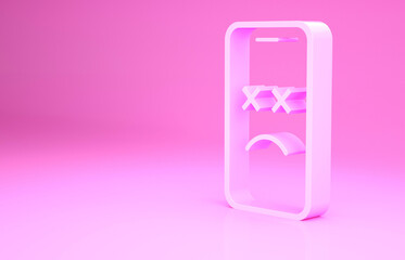 Pink Dead mobile icon isolated on pink background. Deceased digital device emoji symbol. Corpse smartphone showing facial emotion. Minimalism concept. 3d illustration 3D render.