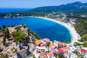 Parga, Greece. Aerial view of the resort town and Valtos beach.