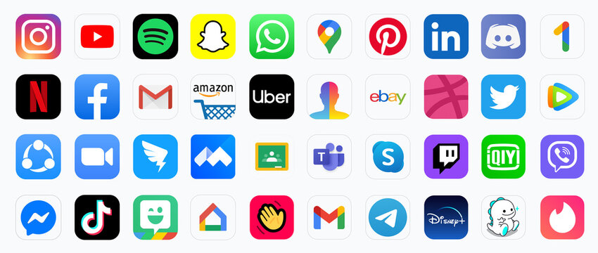 Realistic social media logotype collection: Set icons zoom, tiktok, dingtalk, facebook, youtube, netflix, instagram, voov meeting, microsoft teams, houseparty, Spotify, Snapchat, Google Maps, Amazon