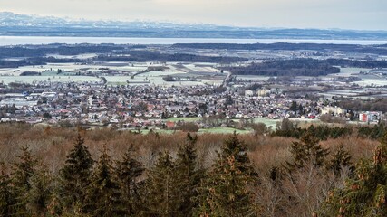 Markdorf, Lake Constance with Swiss Alps, view from Gehrenberg, Linzgau, Upper Swabia, Baden-Württemberg, Germany