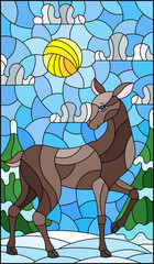 Illustration in stained glass style with a deer on the background of a winter landscape