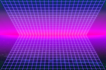 Pink and purple gradient retro-futuristic 80's glowing synthwave cyberpunk grid background with copy space