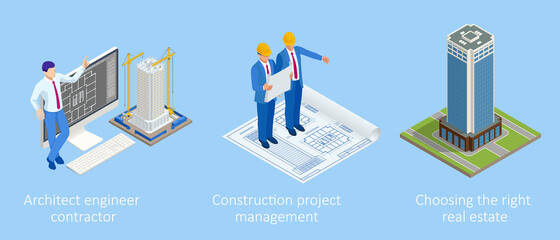 Isometric Construction Project Management, Architectural Project Planning, Development and Approval. Scheme of House, Engineer industry. Construction Company Business. - obrazy, fototapety, plakaty