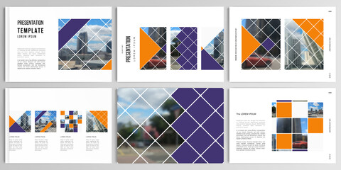 Vector layouts of presentation design templates for brochure, cover design, flyer, book design, magazine, poster. Abstract design project in geometric style with squares and place for photo.