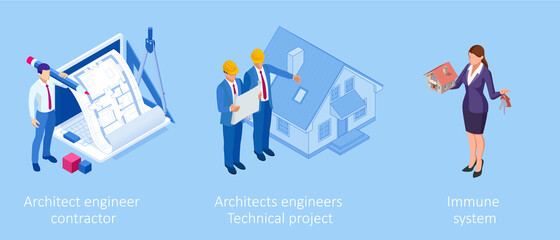 Isometric Construction Project Management, Architectural Project Planning, Development and Approval. Scheme of House, Engineer industry. Construction Company Business.