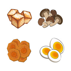 Traditional Japanese or Korean food - tofu, mushrooms, eggs, carrot. Set of ingredients for traditional Oriental ramen noodle soups. Vector illustration in hand-drawn style on a white background