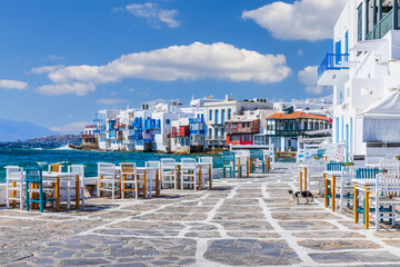 Mykonos, Greece. Waterfront in Little Venice, Mykonos. - obrazy, fototapety, plakaty