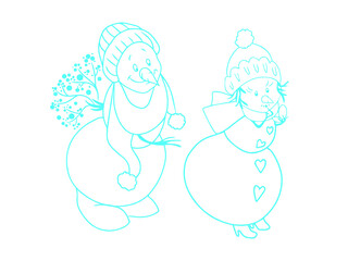 Couple of Snowmen. A snowman in a hat and a scarf hiding a bouquet of flowers behind his back is smiling at his snow girlfriend, who is secretly correcting her makeup. Suitable for valentine's day