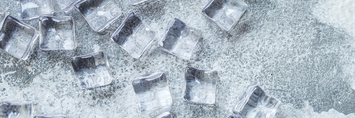 artificial ice transparent acrylic pieces not really cold, optical illusion ready to eat on the table outdoor top view copy space for text food background