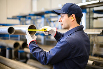 Worker in an industrial plant measuring the size of a pipe