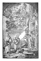 Christian holy travelers welcomed in house of god. Vintage engraving or line drawing illustration.