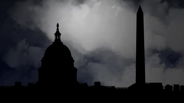 Washington DC: Capitol Building and Washington Monument by Night with Crescent Moon and Clouds, USA