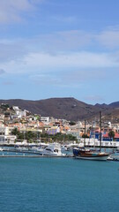 the view of Mindelo from a ferry, on the island Sao Vicente, Cabo Verde, in the month of December