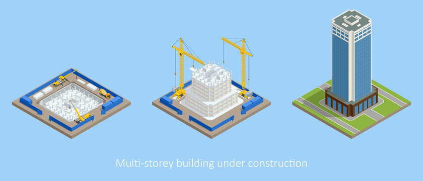 Isometric Skyscraper construction process. Building crane, multi-storey building under construction.