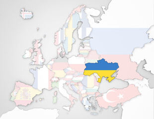 3D Europakarte auf der die Ukraine hervorgehoben wird und die restlichen Flaggen transparent sind
