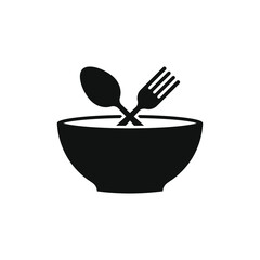 Bowl with fork and spoon icon isolated on white background. Vector illustration