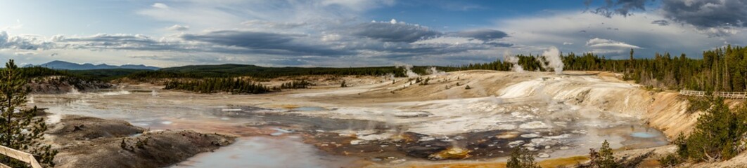 Panorama shot of hot colored water and steam of thermal nature in yellowstone national park in america