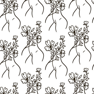 Woman silhouette line seamless pattern. Women and flowers. Black outline vector illustration on white background. 