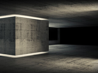 Abstract concrete interior, dark room with neon lights 3d