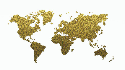 Gold hexagons in a form of a world map on a white wall. 3D render
