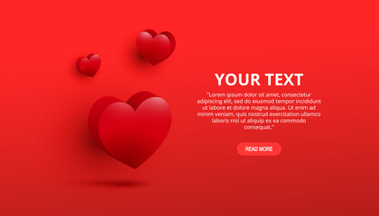 Realistic valentine's day banner with 3d hearts shape and place for text on red background