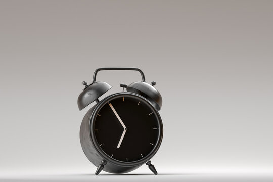 Black alarm clock on bright monchrome background. Minimalistic style. Time to begin new day and new life. Countdown. 3d rendering