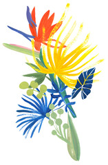 tropical bright vertical bouquet painted in gouache with palm leaves and Strelitzia flower isolated on white background for cards and prints on fabric