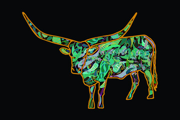 Vector illustration of a multi-colored buffalo with long horns on a black background