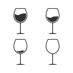 Glass wine icon set. Drink silhouettes collection. Vector isolated on white. Full, half and empty glass alcohol drink.